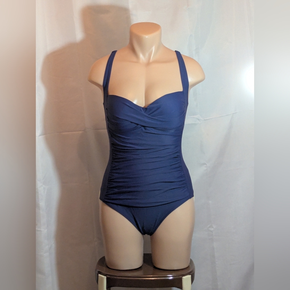Unique Classic One Piece Swimsuit Navy Blue Size M With Sarong